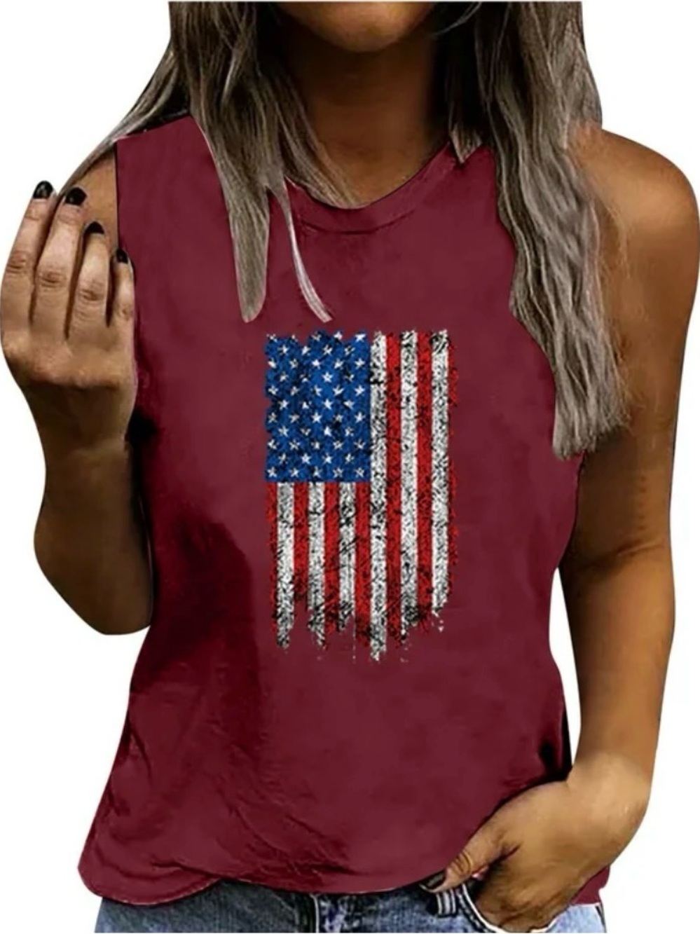 Amazon Women's Sleeveless Muscle Tee - purple with American Flag Graphic size L